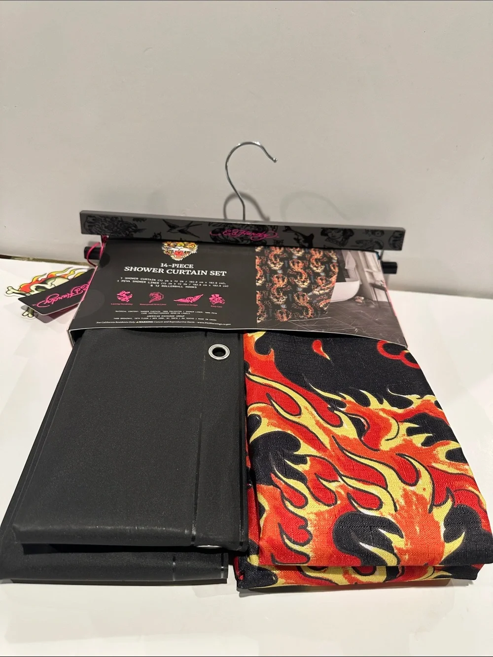 NWT Ed Hardy Blazing Flames (14) Piece Shower Curtain Set with Fabric/Plastic.